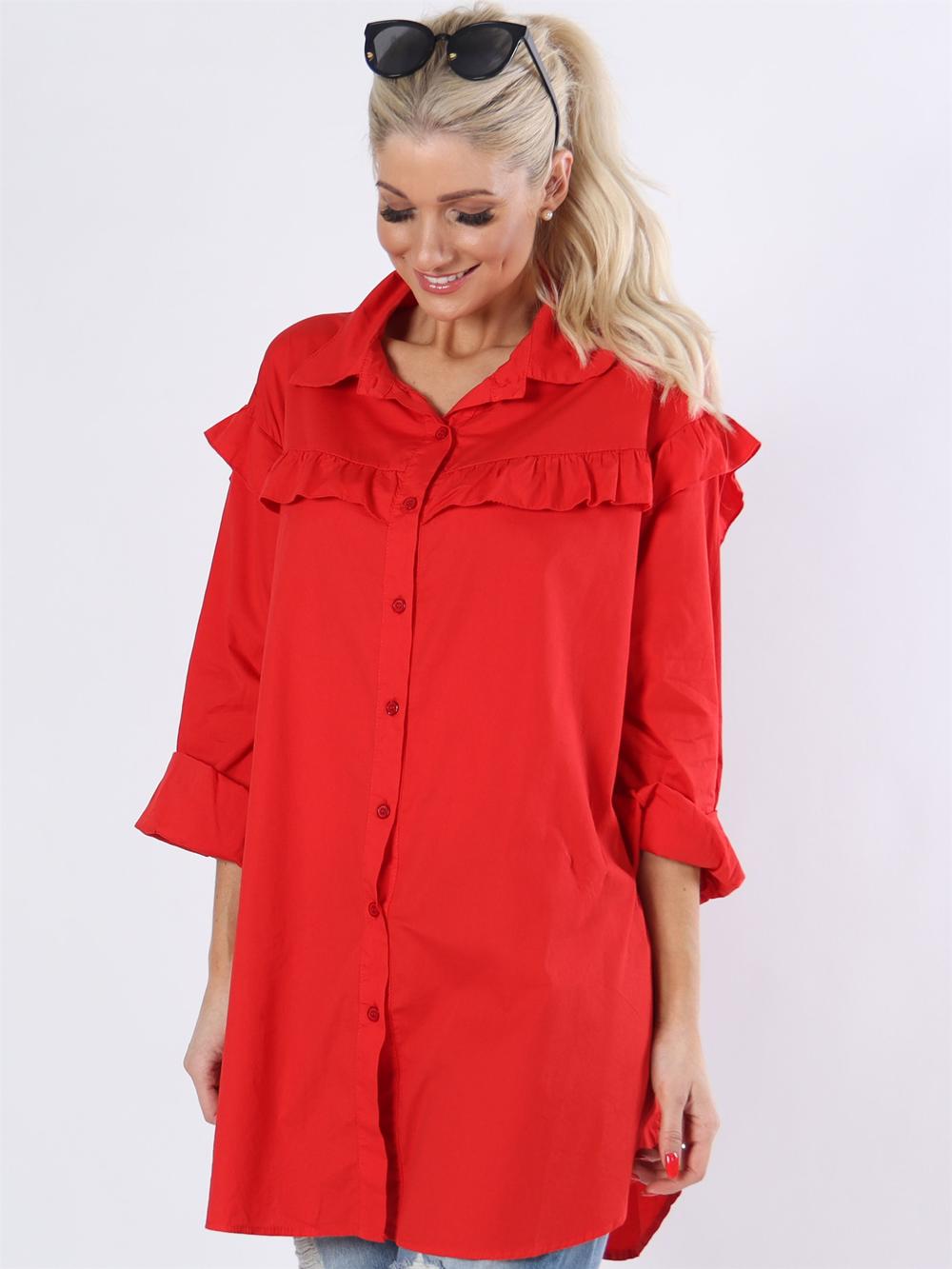 Salma - Rød feminin skjorte med sød flæsekant